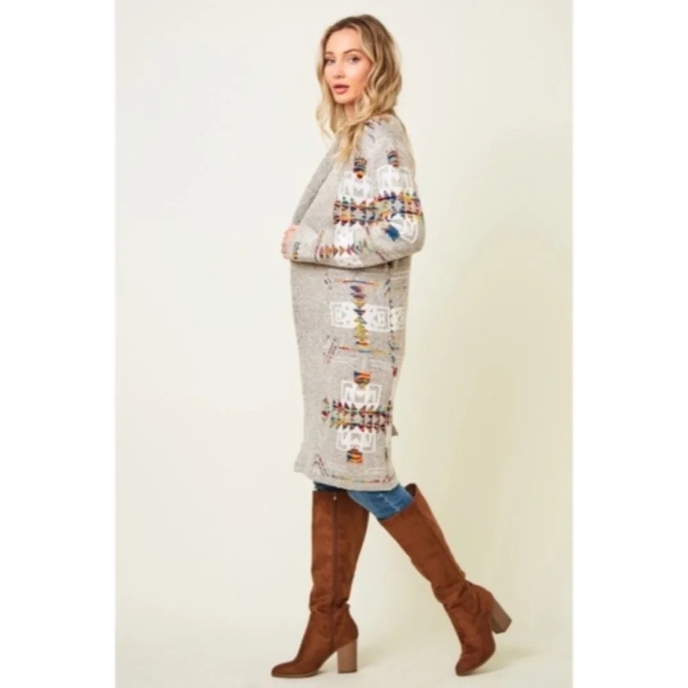 SOLD OUT Oatmeal Rainbow Multi Colored Aztec Tribal Jacquard Open Knit Cardigan - Picture 9 of 10